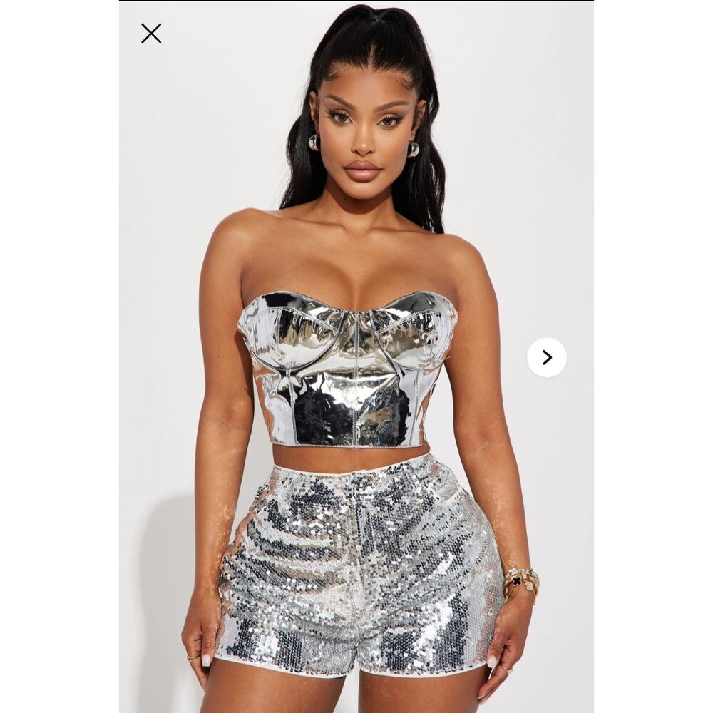NWT Fashion Nova Women's XS Reflective Nights Corset Top Silver